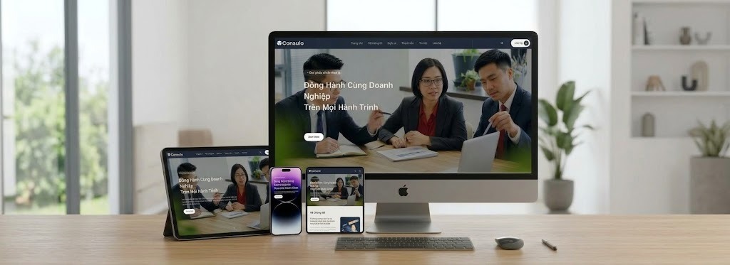 Mẫu website tư vấn tài chính hiển thị trên máy tính, máy tính bảng và điện thoại