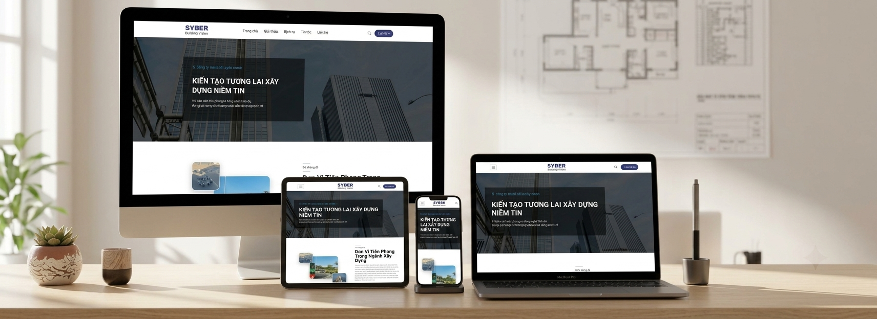 Mẫu website xây dựng hiển thị trên máy tính, laptop, máy tính bảng và điện thoại