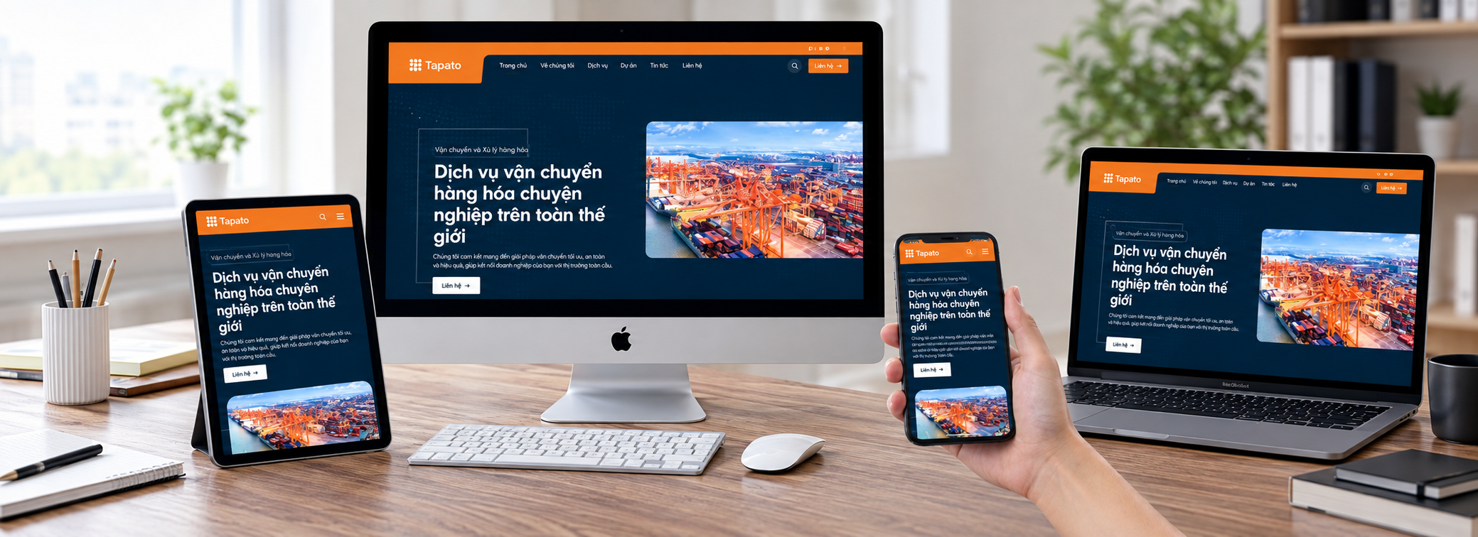 Mẫu website logistics hiển thị trên máy tính, laptop, máy tính bảng và điện thoại