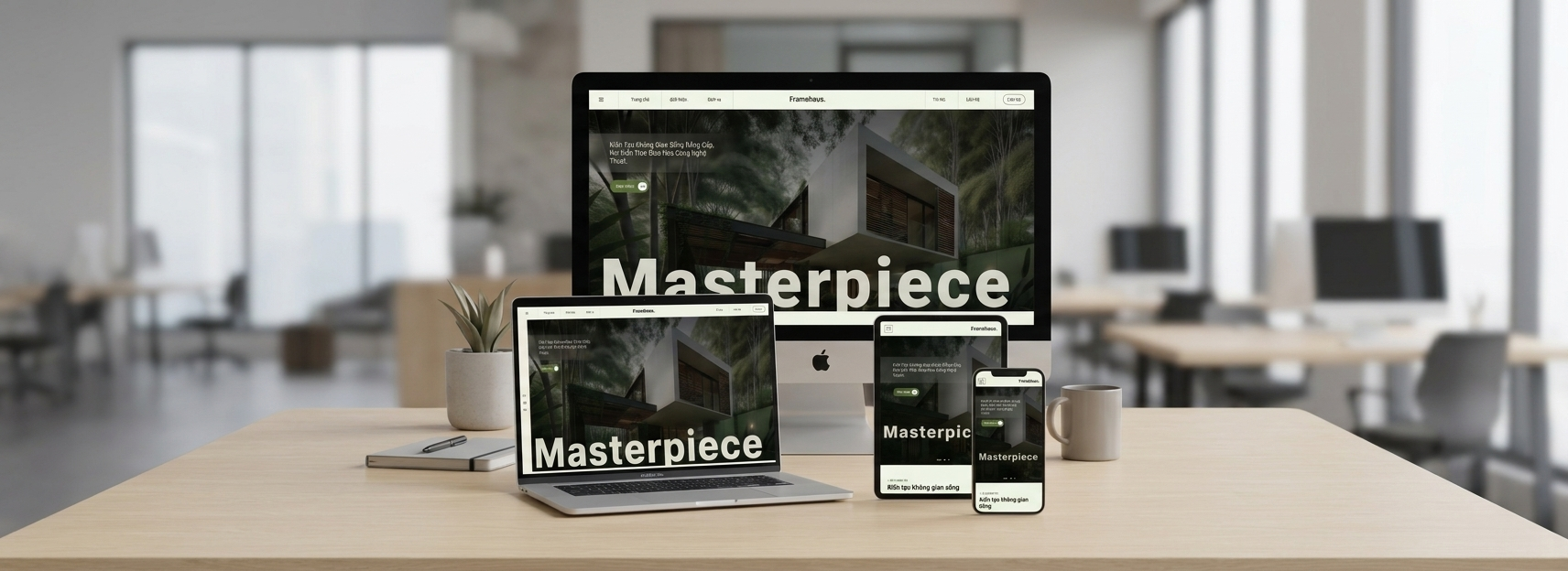 Mẫu website kiến trúc thiết kế hiển thị trên máy tính, laptop, máy tính bảng và điện thoại
