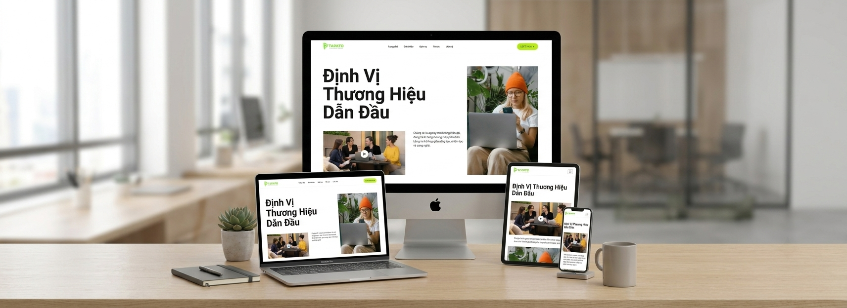 Mẫu website marketing hiển thị trên máy tính, laptop, máy tính bảng và điện thoại