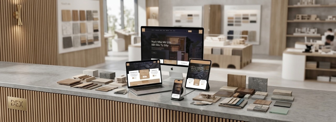 Mẫu website kiến trúc nội thất hiển thị trên máy tính, laptop, máy tính bảng và điện thoại