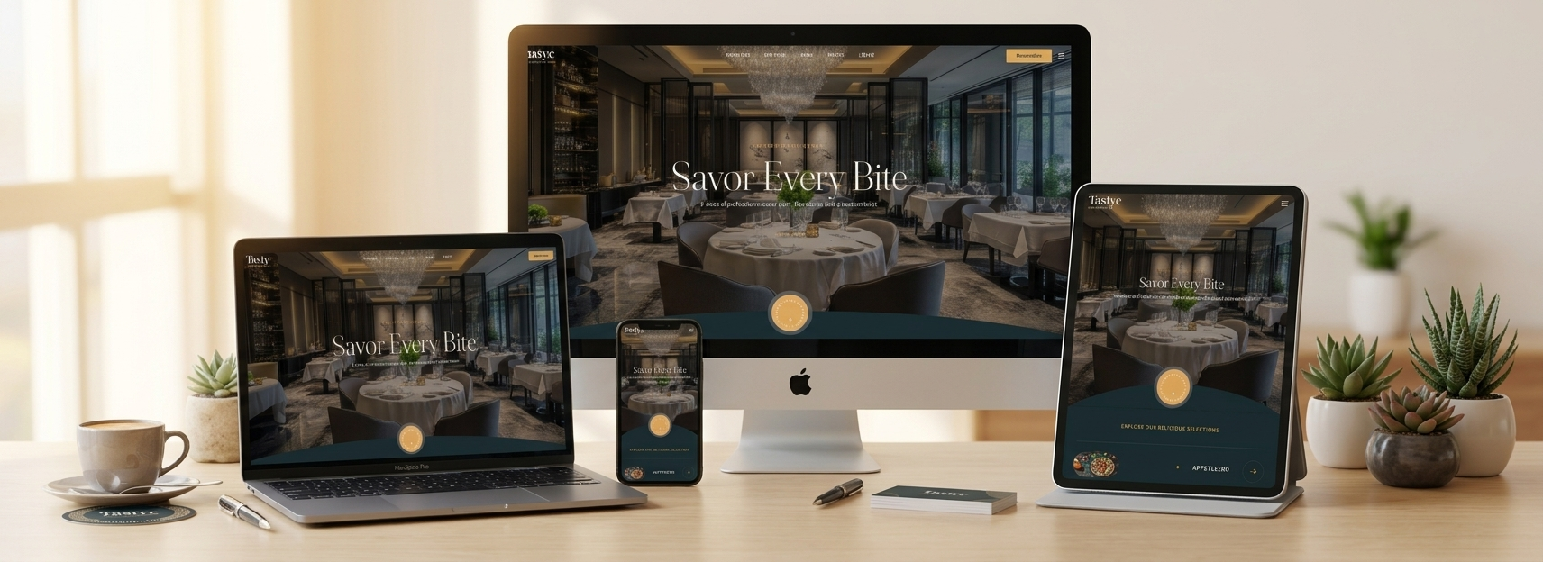 Mẫu website nhà hàng hiển thị trên máy tính, laptop, máy tính bảng và điện thoại