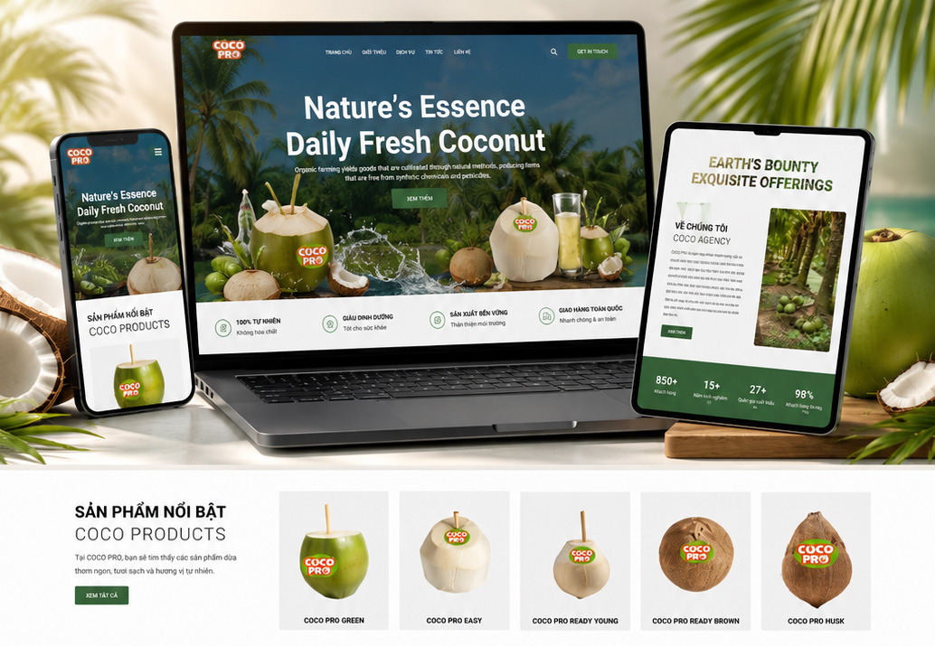 mẫu website về trái cây, hoa quả, trái dừa